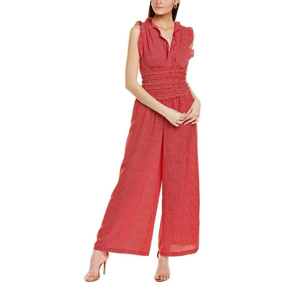 Like New Max Studio Red Dotted Striped Smocked Waist Wide Leg Crepe Jumpsuit